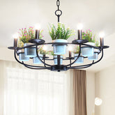 Lámpara de araña de metal negro de estilo vintage con decoración de maceta - Accesorio de techo colgante con vela de 6/8 de luz